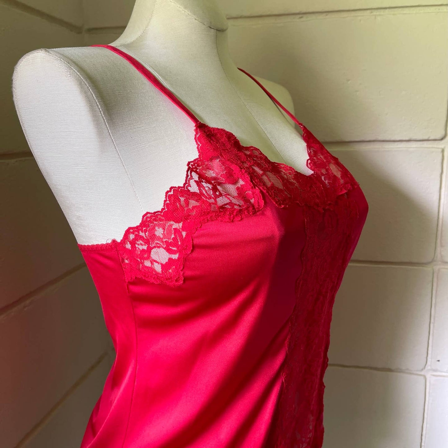 Vintage 80s Red Cami Lace Panel Sleeveless Top Lingerie Sexy Boudoir Size M L