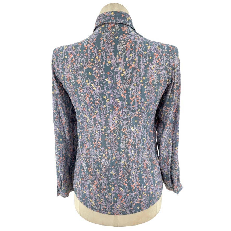 Vintage 70s Blue Silk Floral Blouse and Vest Bohemian Button Up Jean Clement M