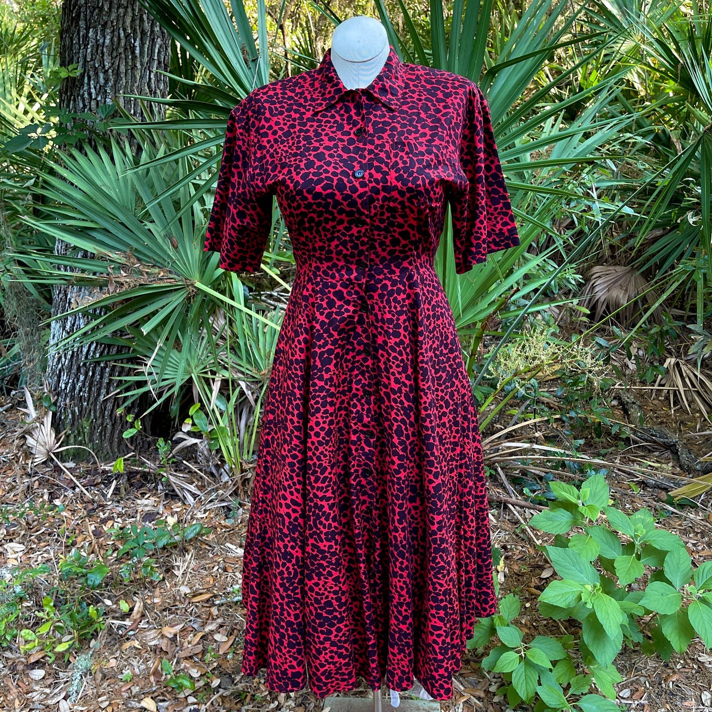 Vintage 80s Red Cheetah Print Shirt Dress Linen Short Sleeve Kenar 2 Size 10