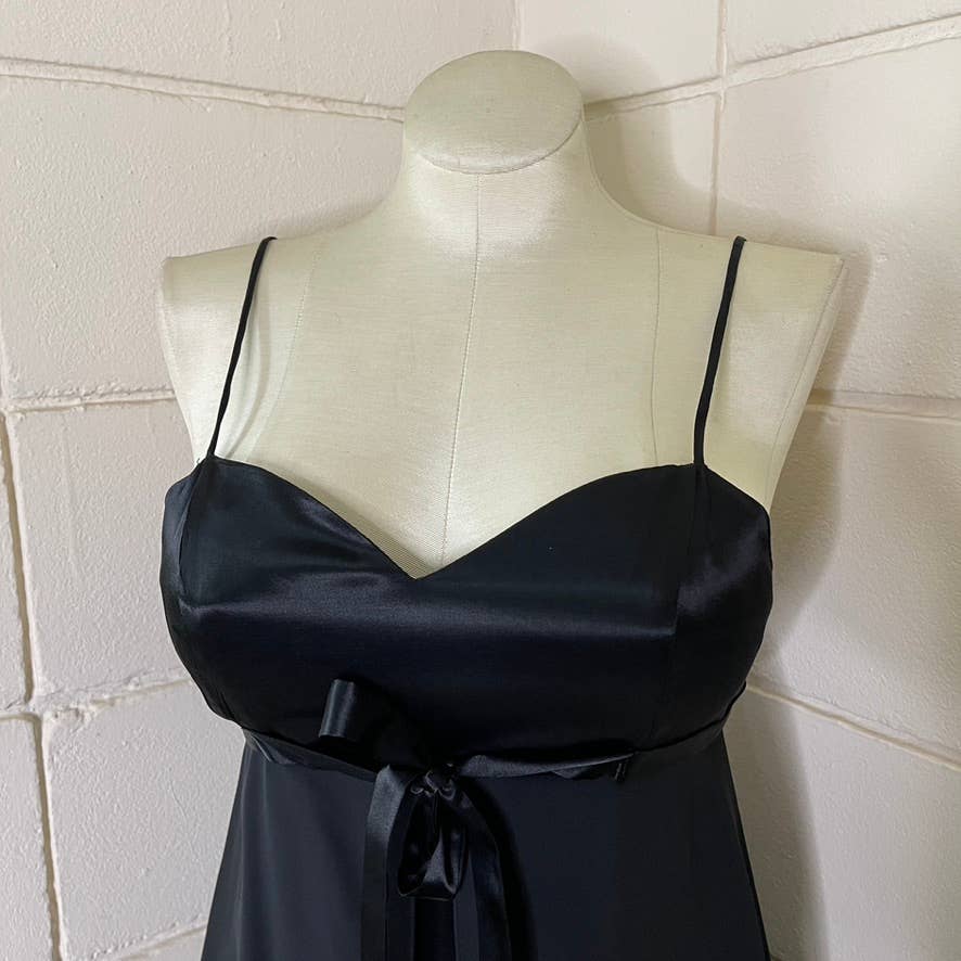Vintage 90s Black Satin Babydoll Mini Dress Wrap Sleeveless Boulevard De Paris M