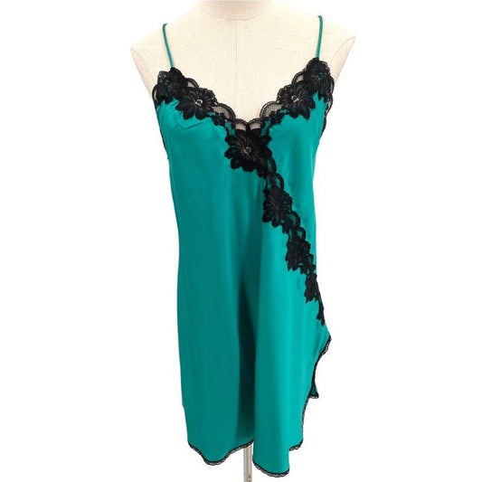 Vintage 80s Teal and Black Nightie Sleeveless Short Lace Trim Miss Elaine Size S