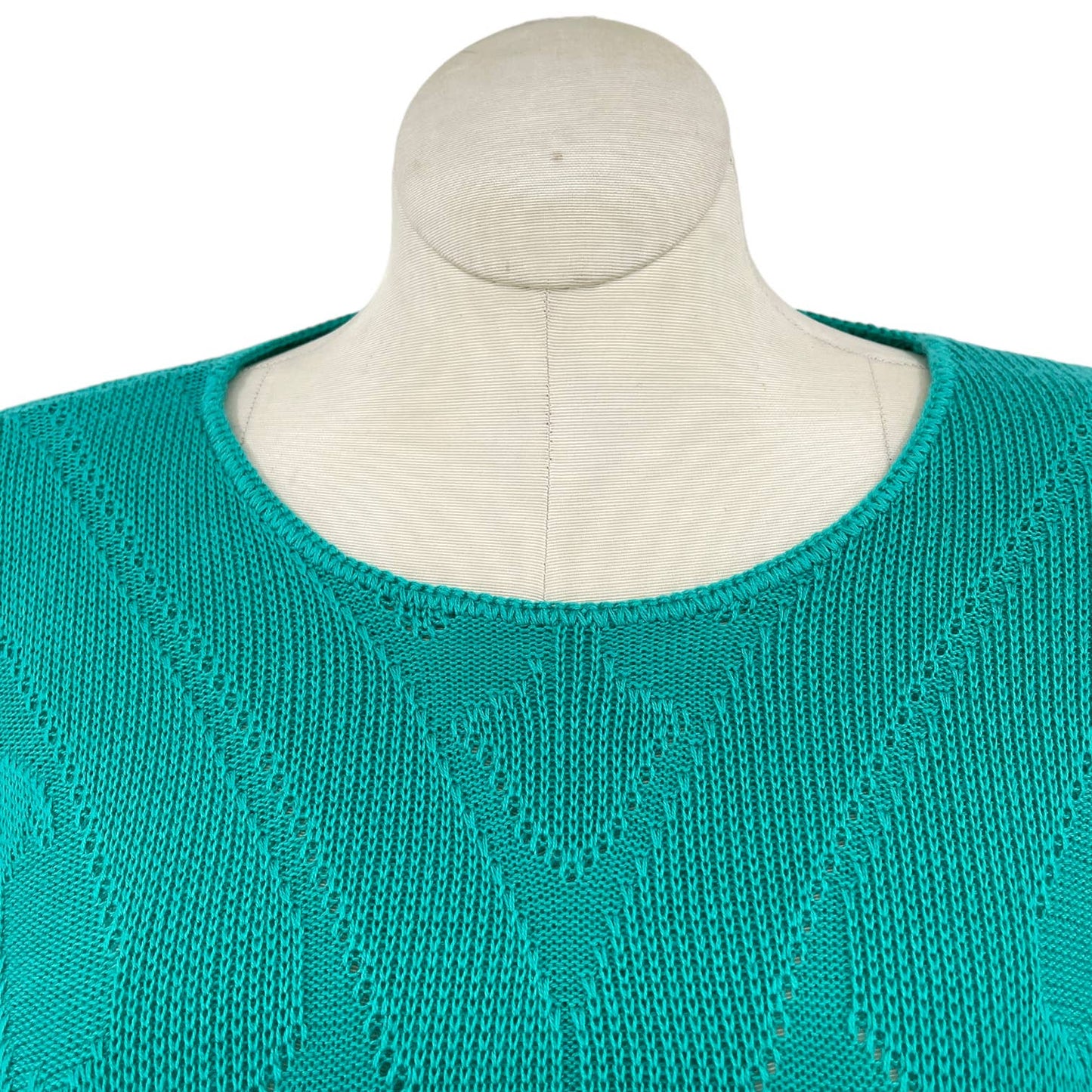 Vintage 80s Green Sweater Short Puff Sleeve Tonal Geometric Pattern Size M L