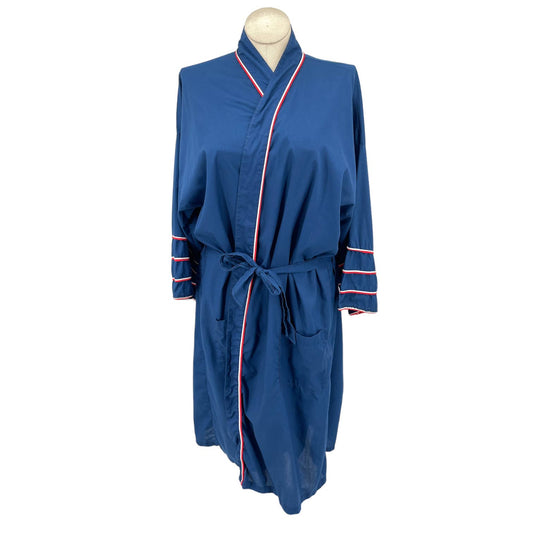 Vintage 70s Blue Cotton Blend Robe Gender Neutral Red and White Piping Sears 2X