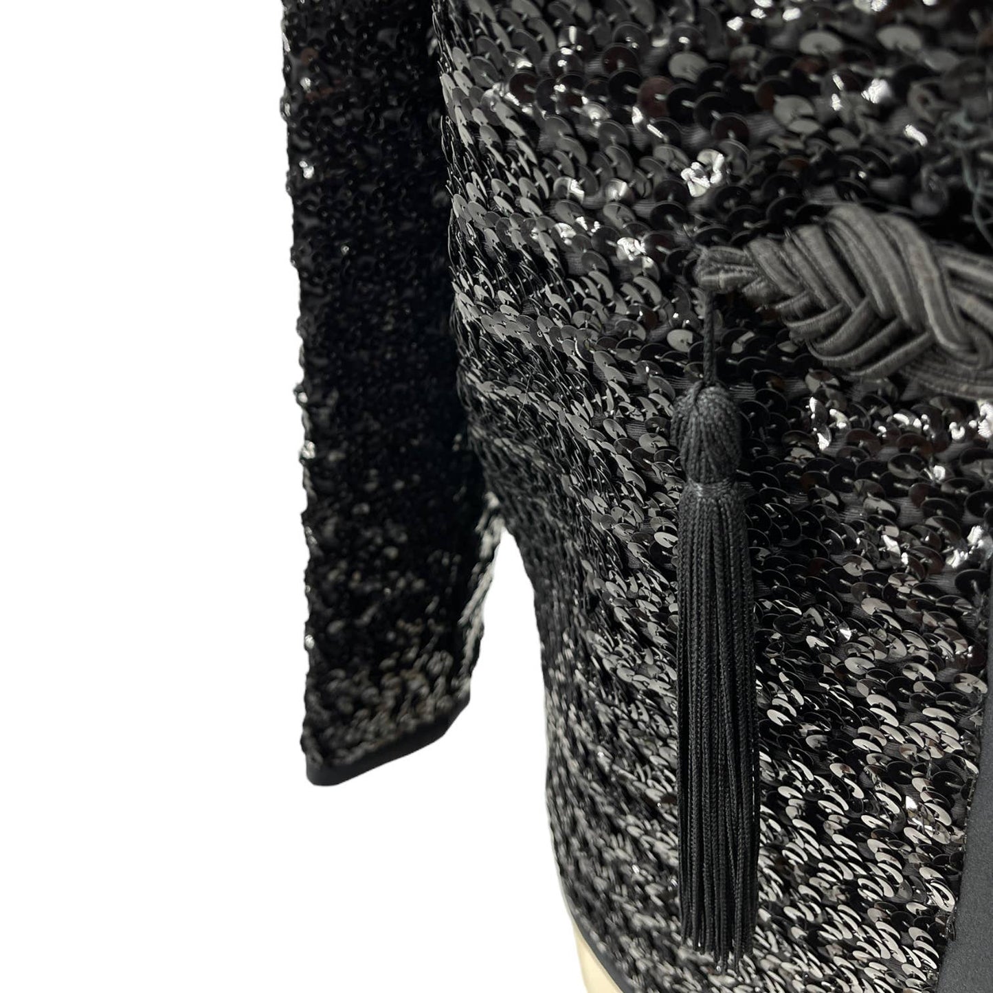 Vintage 70s Black Sequin Jacket Tassel Detail Super Glam Henry Higgins Size M L