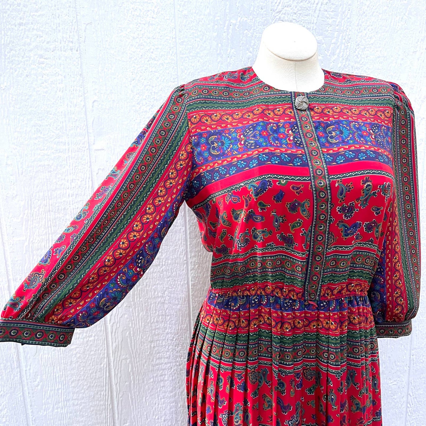 Vintage 80s Red Paisley Print Midi Dress Pleated Skirt Butterfly Lady Carol Sz L