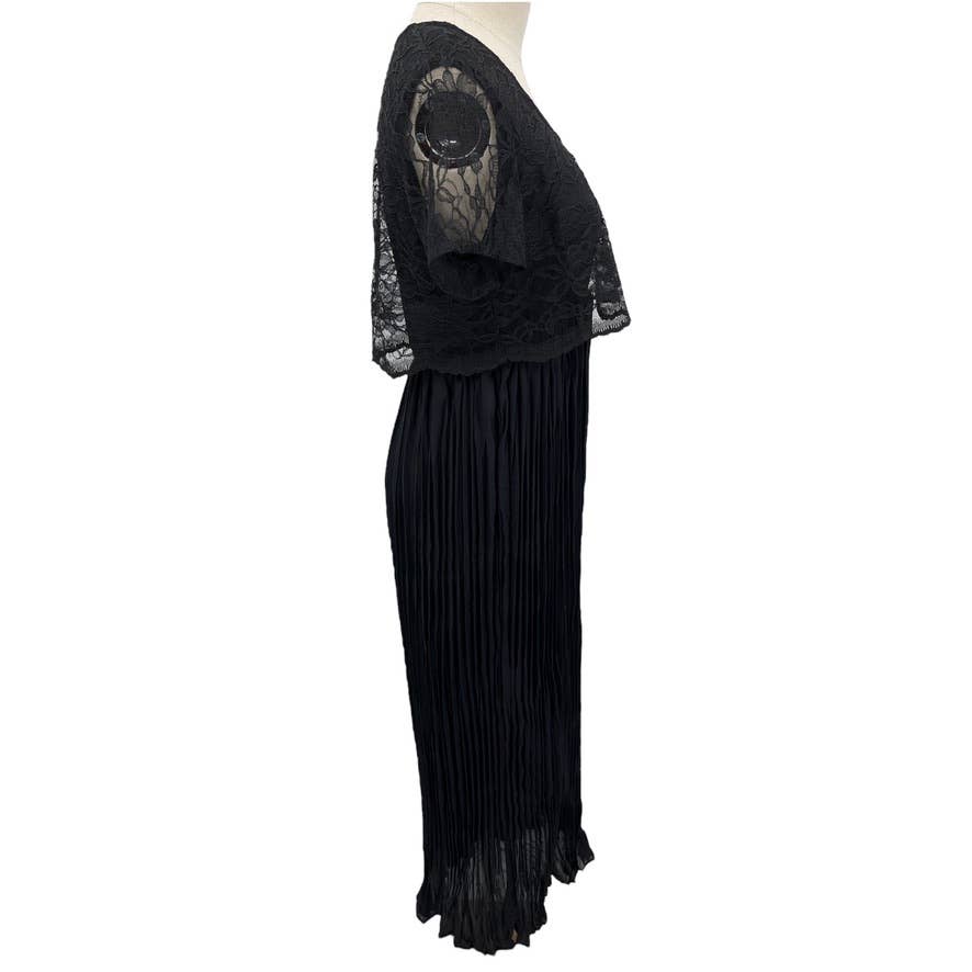 Vintage 90s Black Sheer Crinkle Maxi Dress Crop Lace Top Short Sleeve Size S M