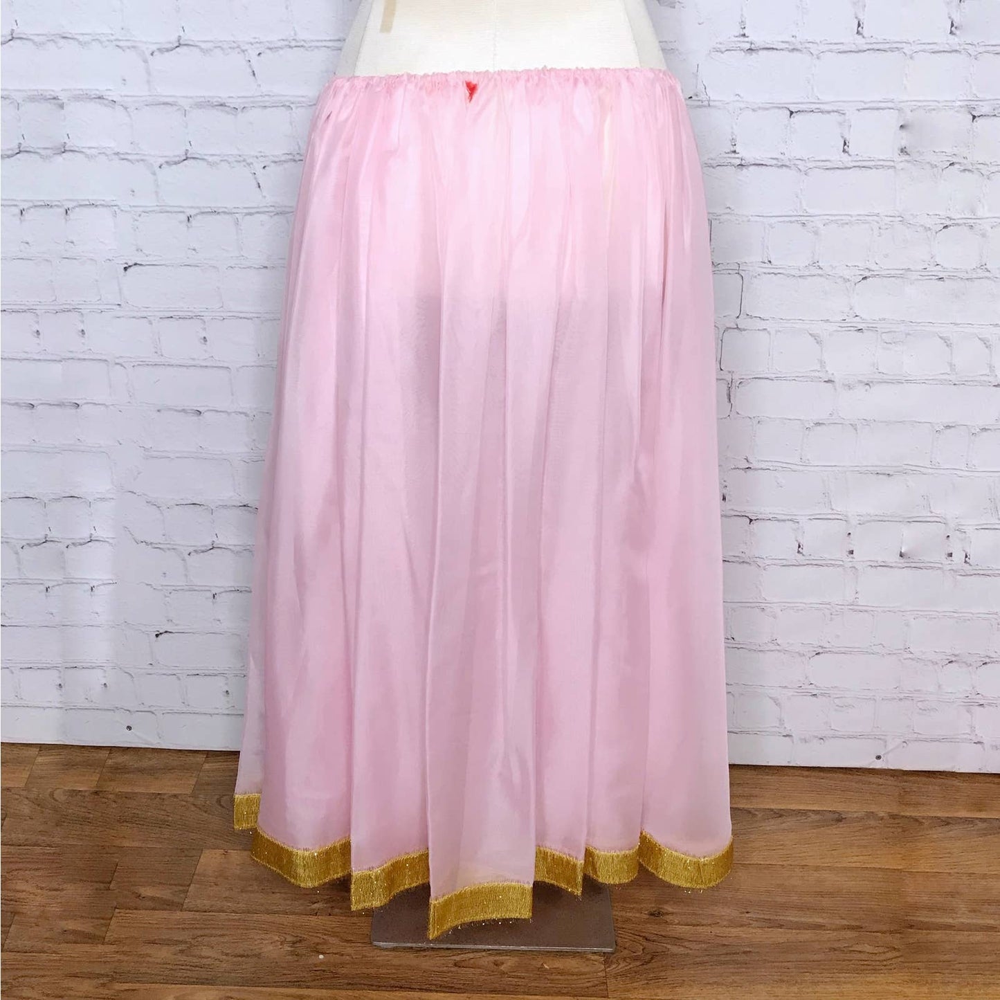 Vintage 80s Pink Chiffon Belly Dance Skirt Gold Metallic Trim Handmade One Size