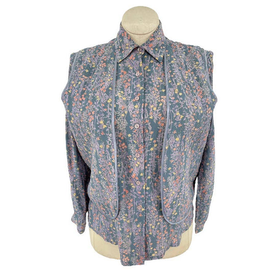 Vintage 70s Blue Silk Floral Blouse and Vest Bohemian Button Up Jean Clement M