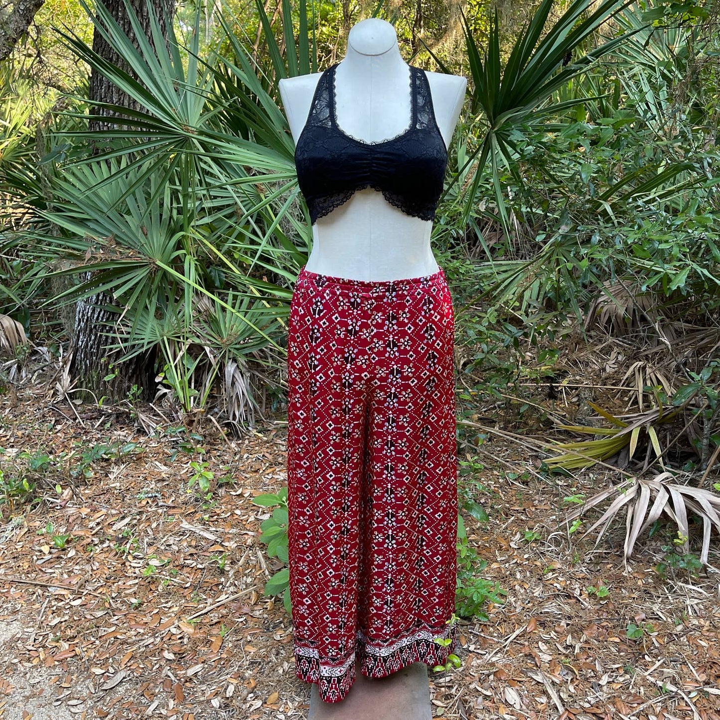 Vintage 90s Ikat Cami Wide Leg Pants Set Red and Black Hand Made Size M L