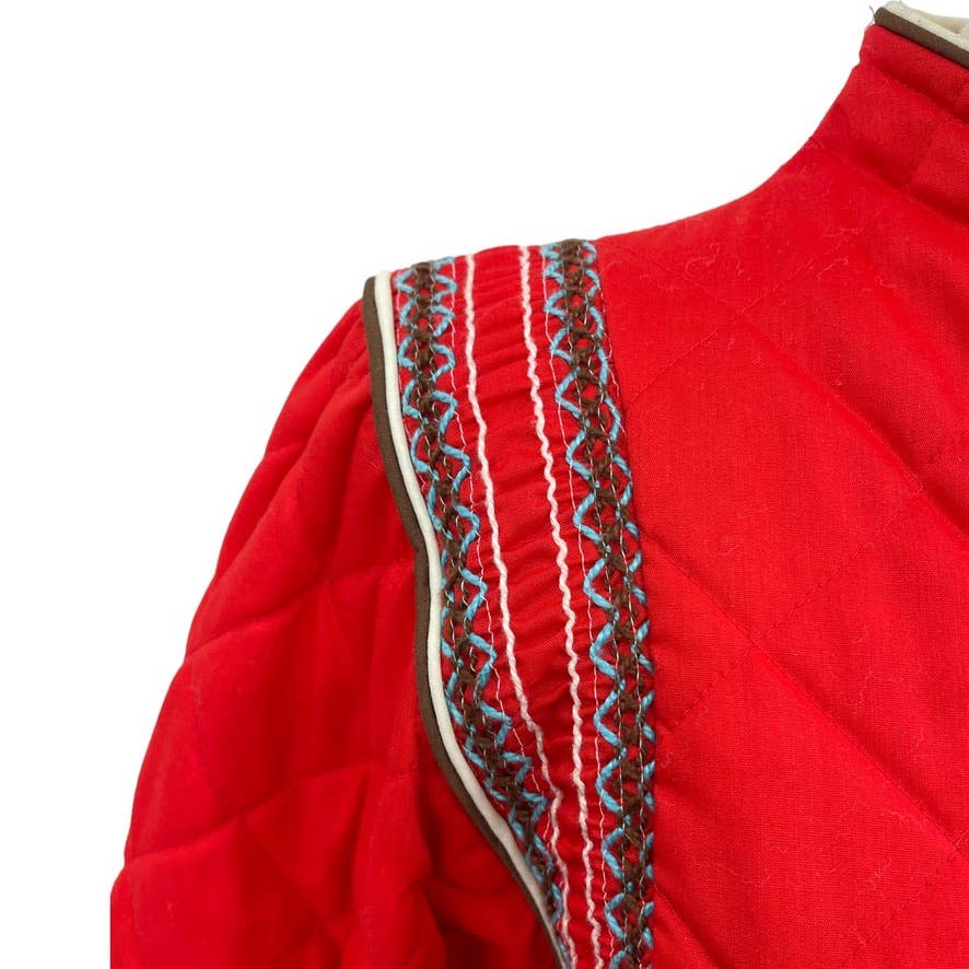 Vintage 70s Red Quilted House Coat Maxi Zip Front Long Sleeve Kayser Size S