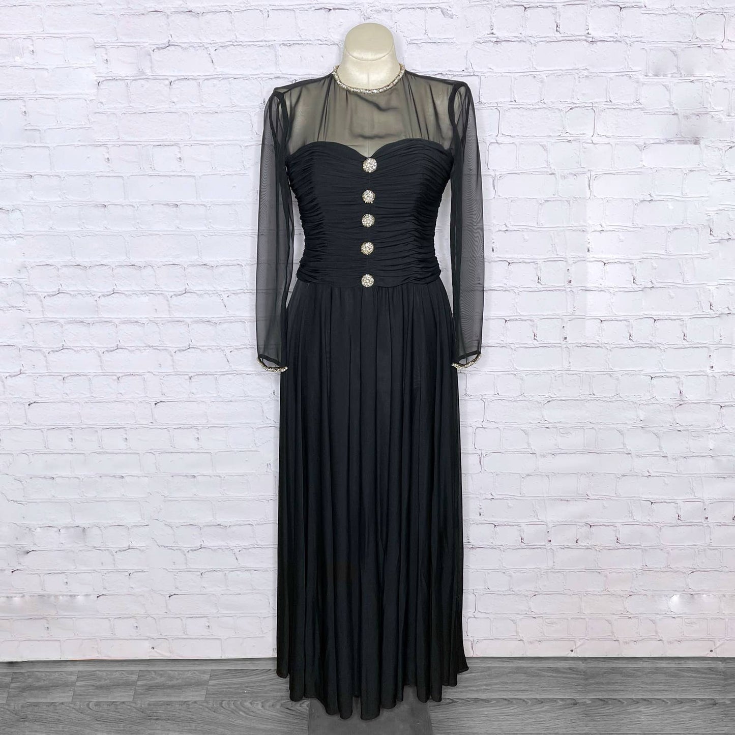 Vintage 80s Elegant Black Maxi Gown Embellished Victoria Royal Ltd Size 10