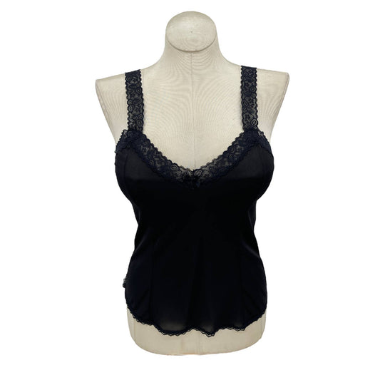 Vintage 70s Black Camisole Sleeveless Lace Straps Lingerie Bari Size L