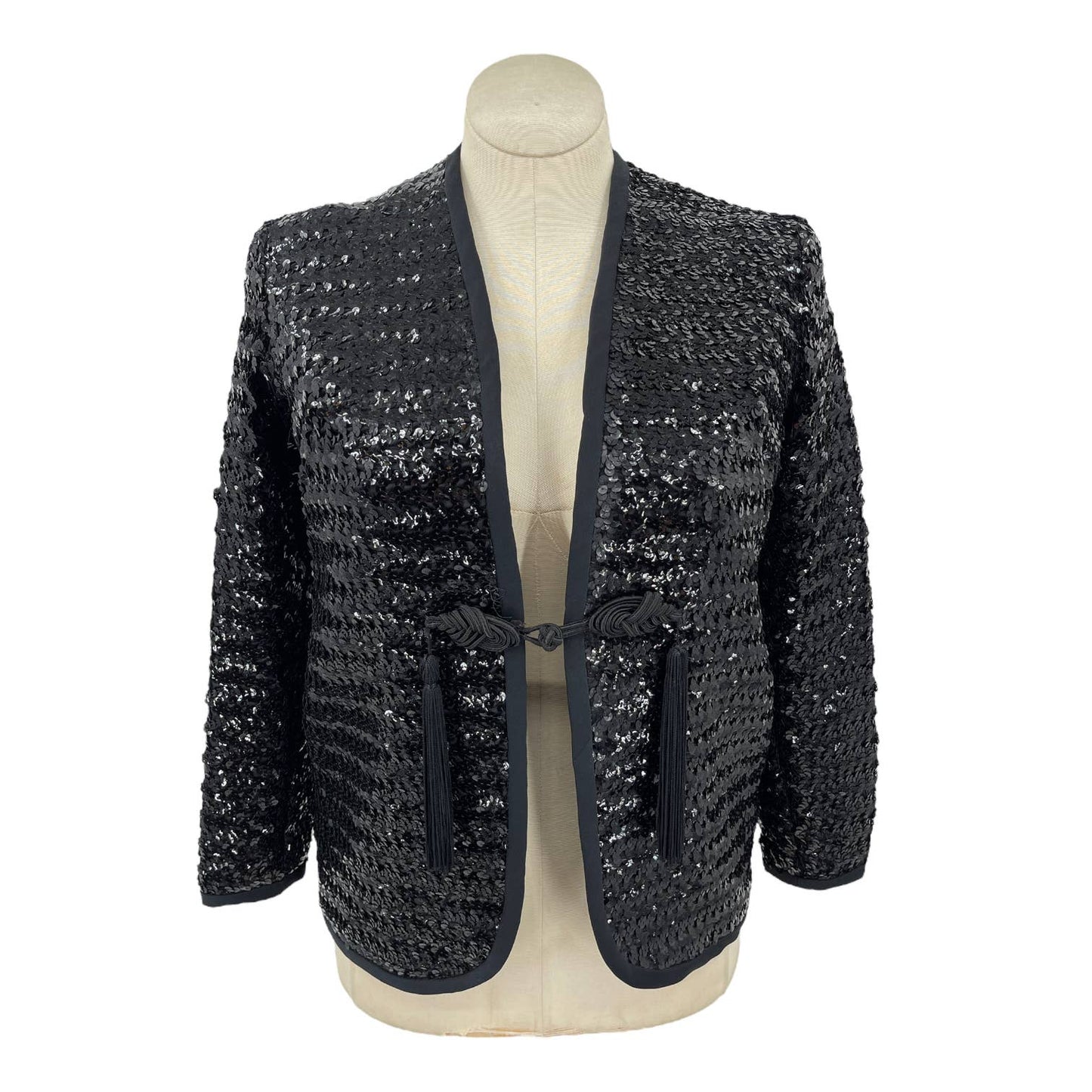 Vintage 70s Black Sequin Jacket Tassel Detail Super Glam Henry Higgins Size M L