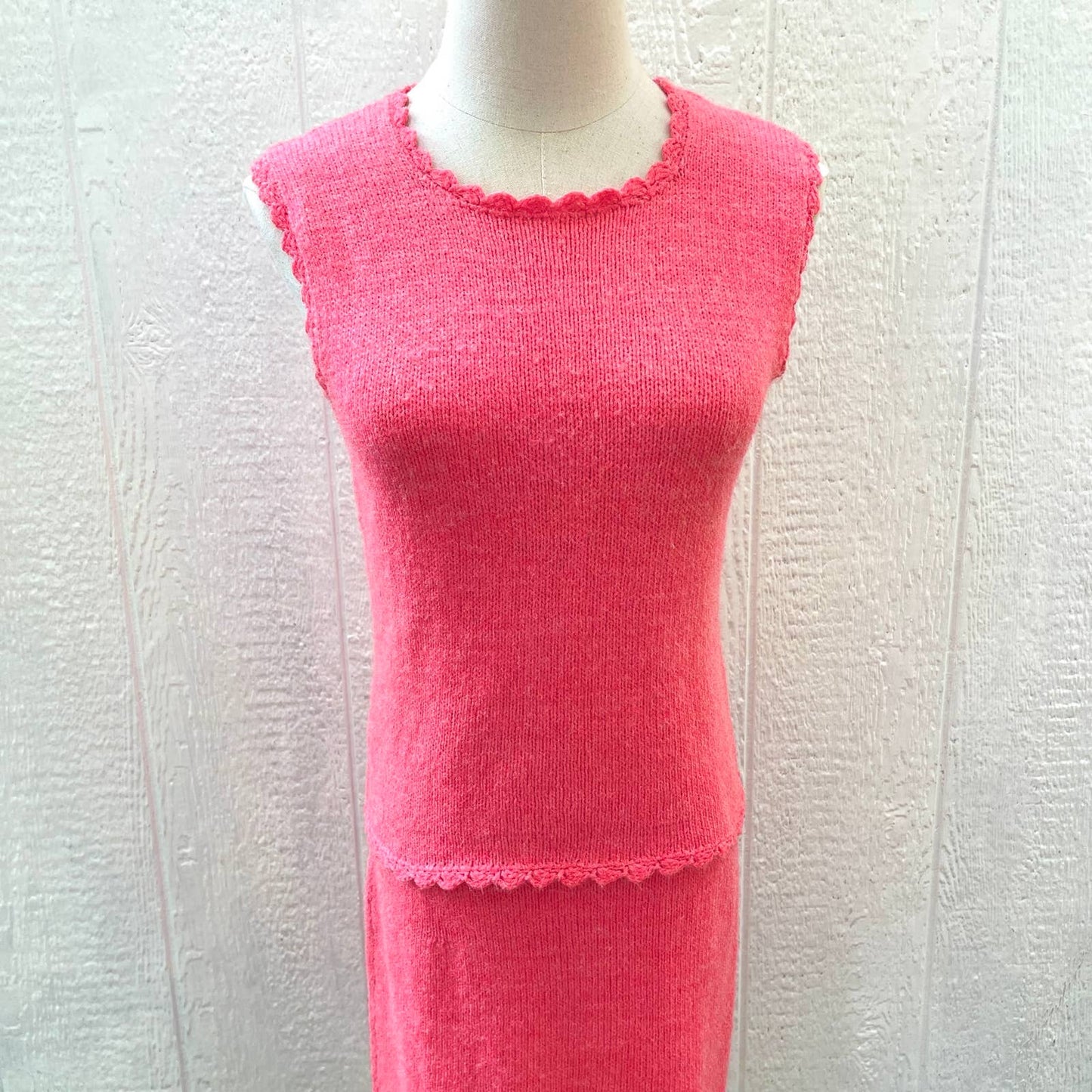 Vintage 80s Coral Pink Knit Skirt Set Sleeveless Top Pencil Skirt Home Made S M