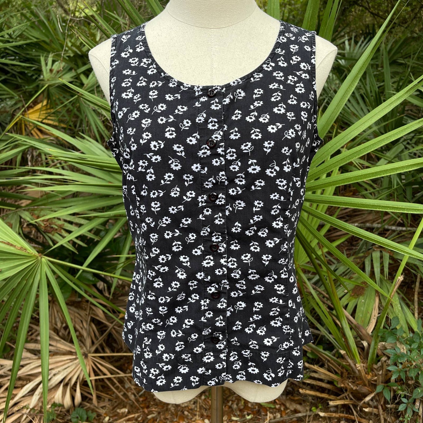 Vintage Y2K Black Sleeveless Cotton Top Floral Button Front Casual Corner Size S