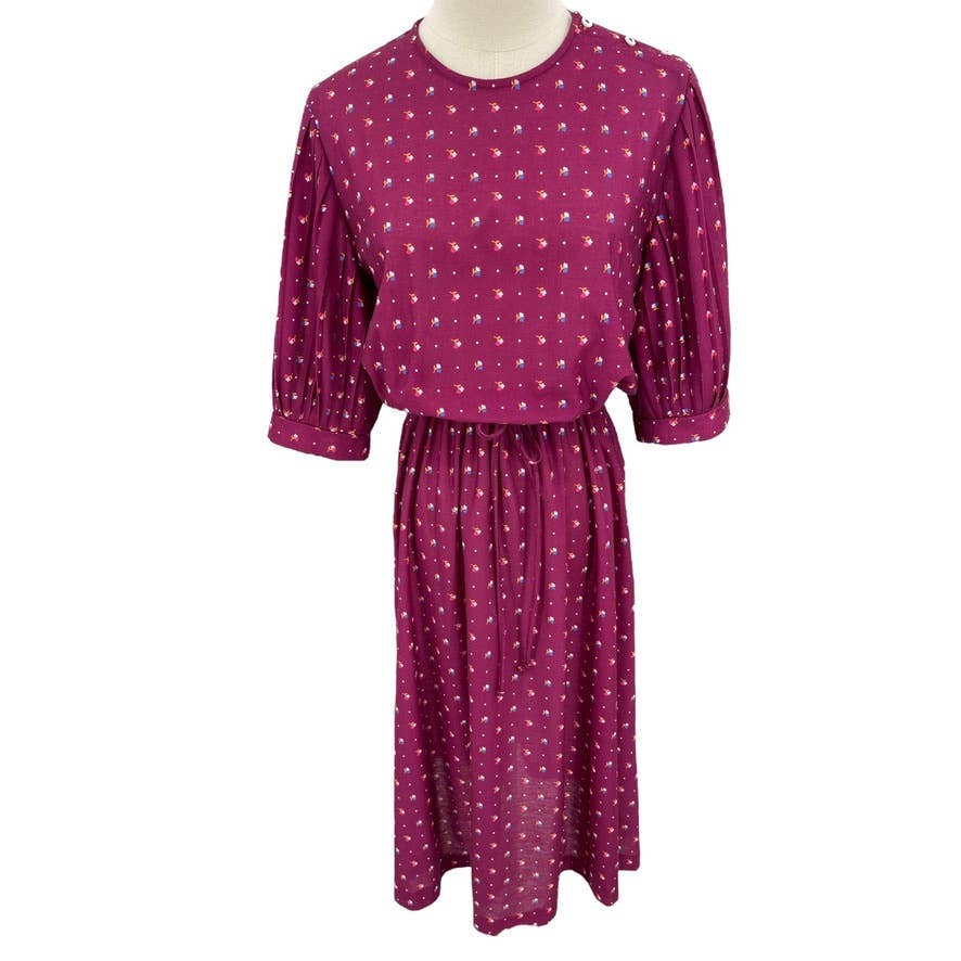 Vintage 80s Blouson Style Midi Dress Burgundy Pleat Puff Sleeve Oops California