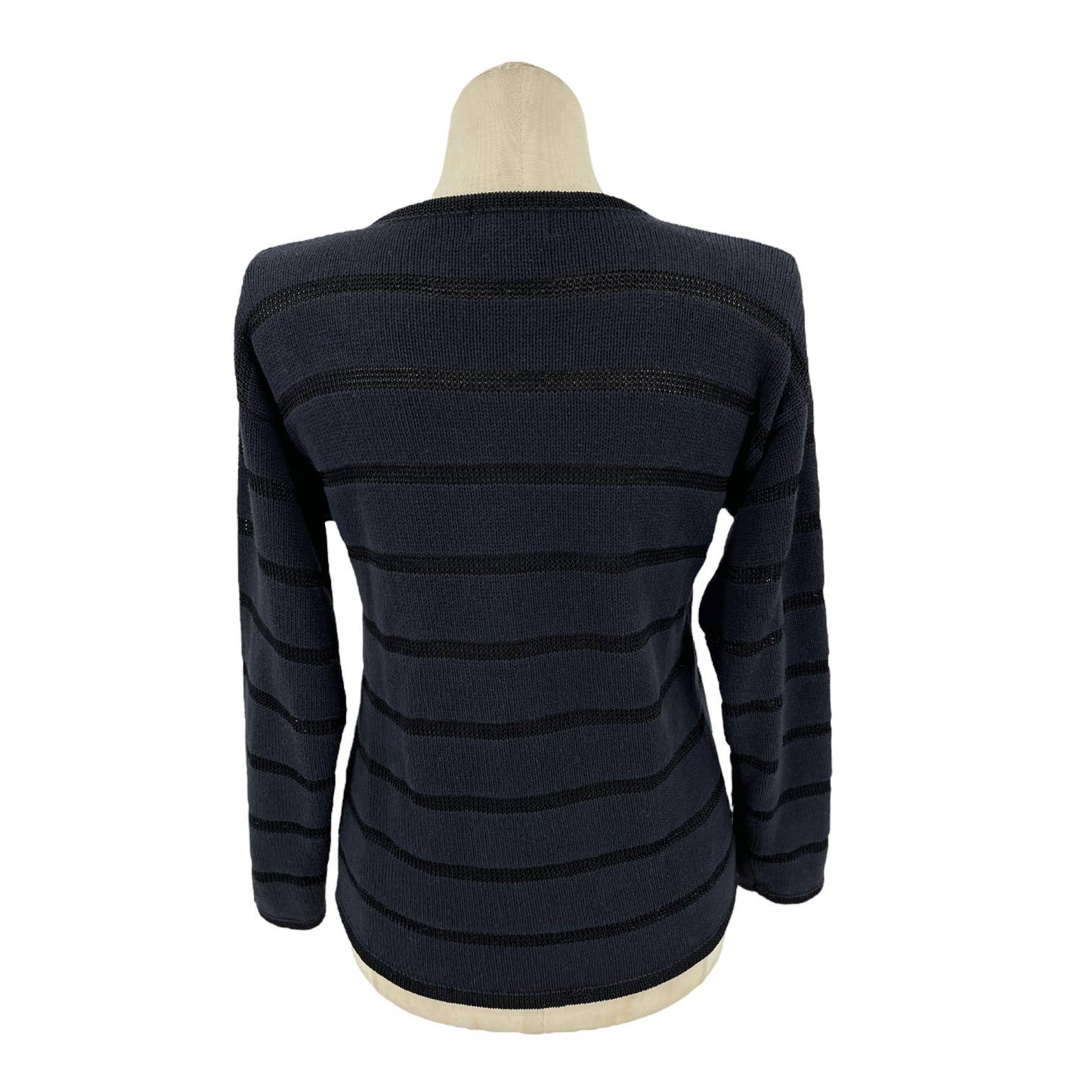 Vintage 90s Black Sweater Open Knit Stripes Henley Pullover Rosanna Size L XL