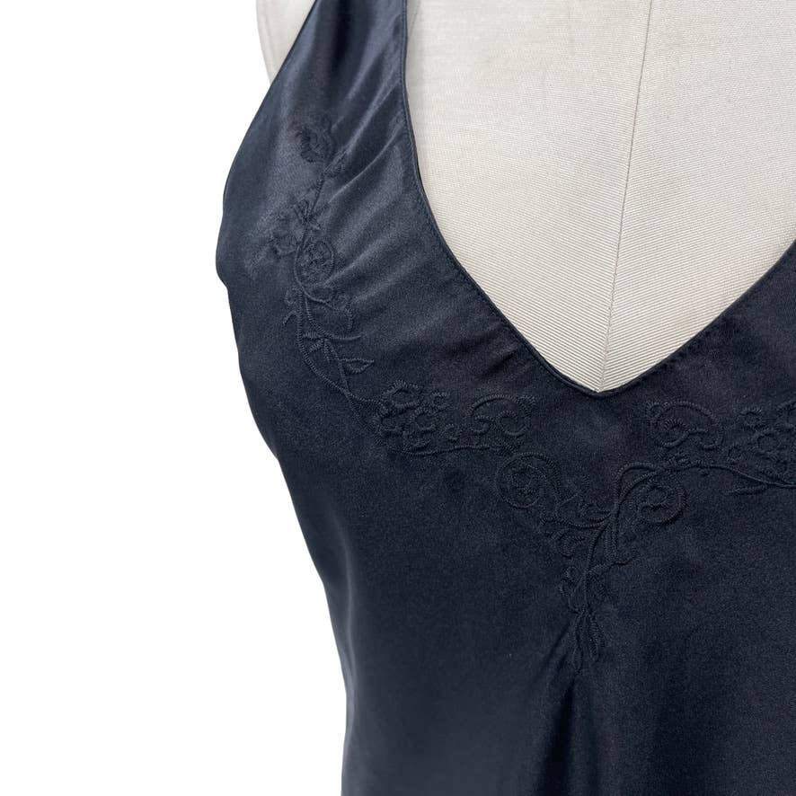 Vintage 90s Black Satin Nightgown Sheer Ruffle Embroidered Inner Most Size L
