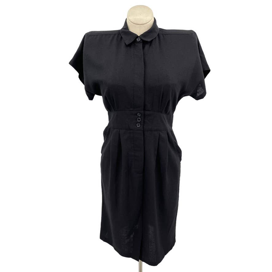 Vintage 80s Black Sheath Dress Linen Blend Pockets Short Sleeve Stuart Alan M L