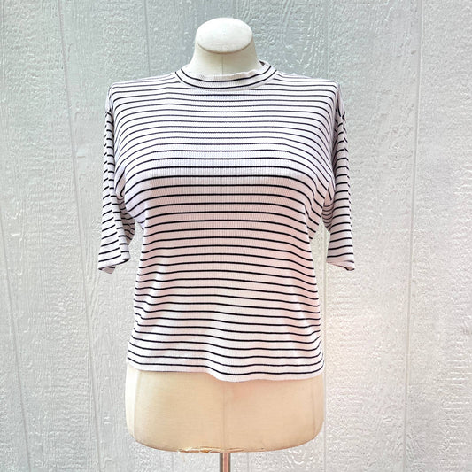 Vintage Y2K Cream Striped Ribbed Knit Top Short Sleeves Classic Prep Gap Size M