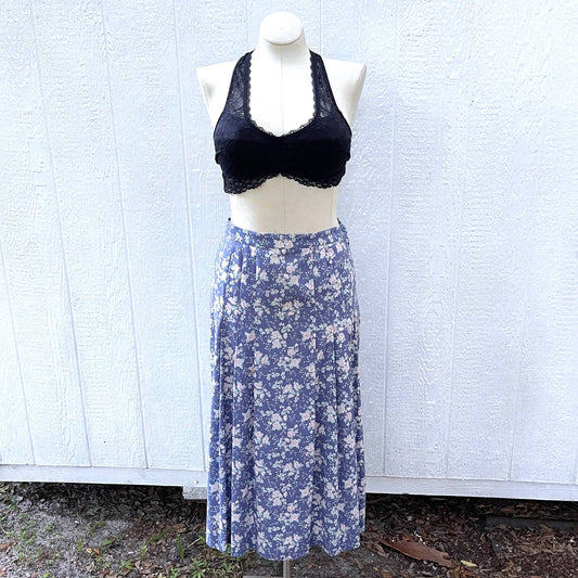 Vintage 90s Purple Floral Midi Skirt Cotton Grunge Style Laura Ashley Size 12