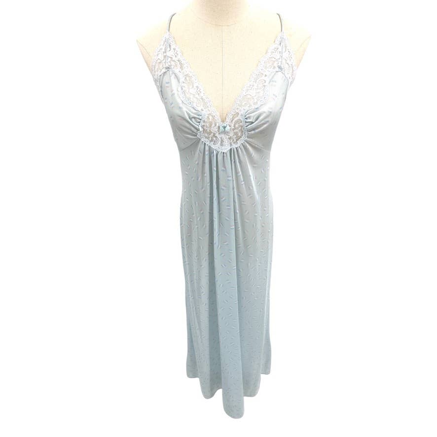 Vintage 80s Blue Maxi Nightgown Geometric Square Stripe Sleeveless Lace Val Mode