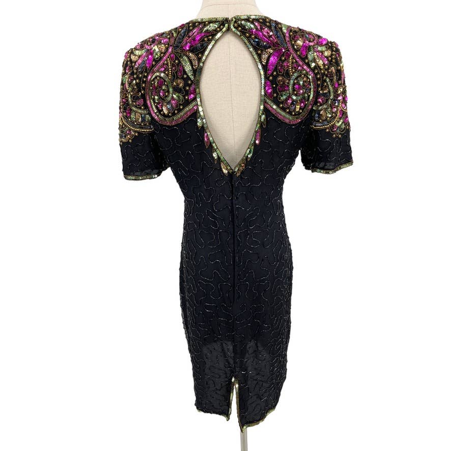 Vintage 80s Black Beaded Midi Dress Sheath Style Sequins Lawrence Kazar Size M