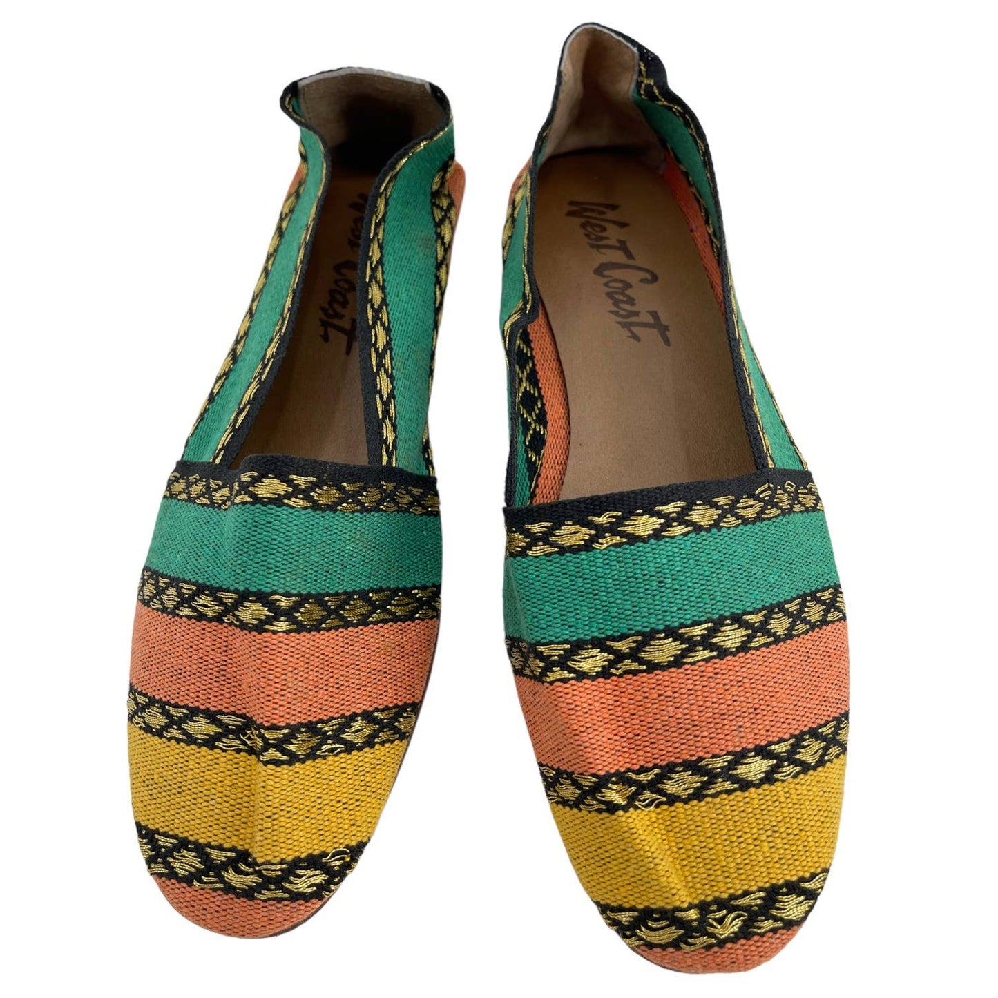 Vintage 80s Woven Cotton Flat Loafers Striped Gold Geometric Design West Coast 8