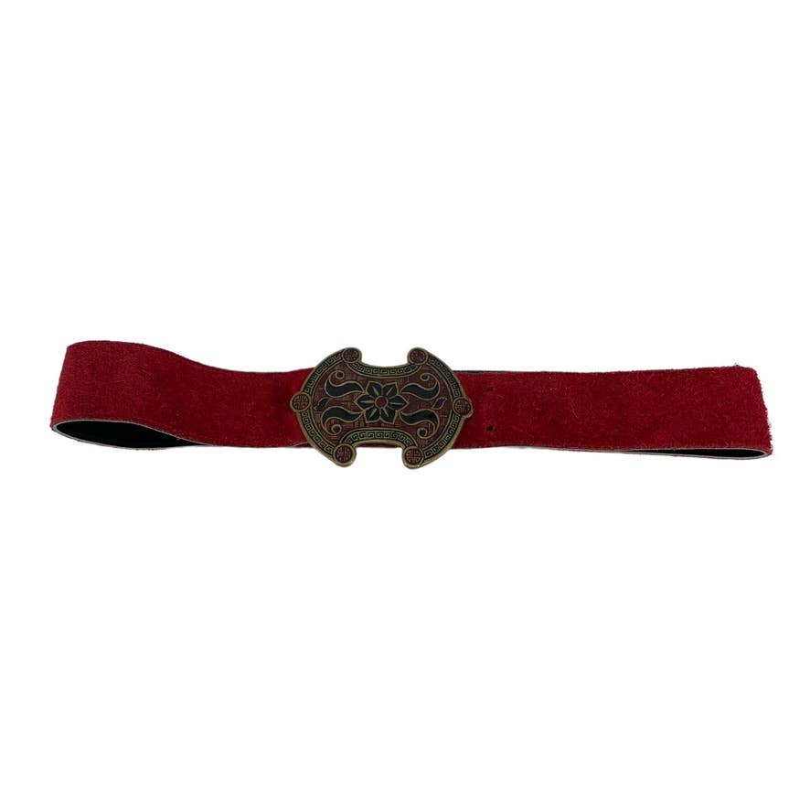 Vintage 90s Red Leather Belt with Brass Buckle Made in India Volup
