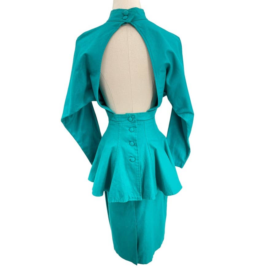 Vintage 80s Teal Power Suit Skirt Set Open Back Peplum Young Edwardian Size 5