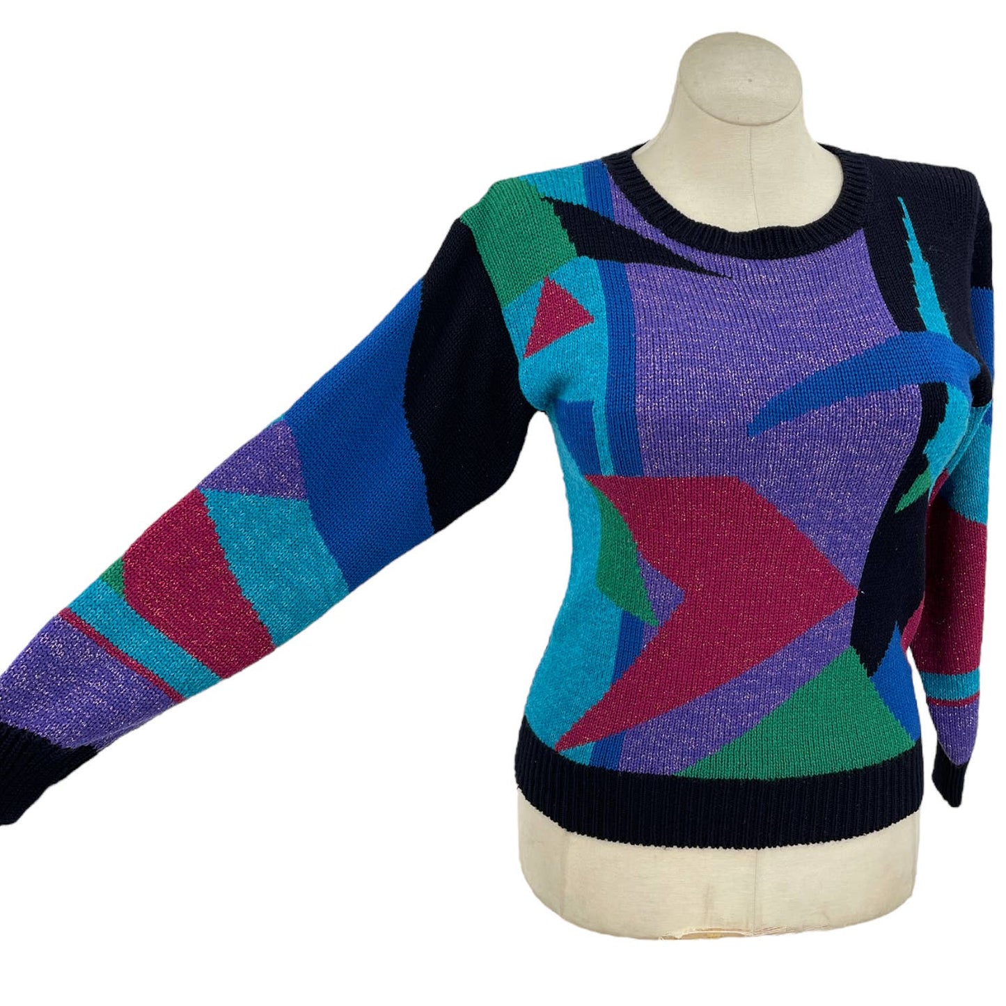 Vintage 80s Black Geometric Sweater Bright Metallic Shapes Pullover Koret Size M L