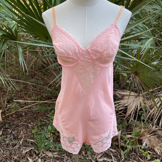 Vintage 60s Teddy Peachy Pink Lace and Nylon with Underwire Lingerie Size S