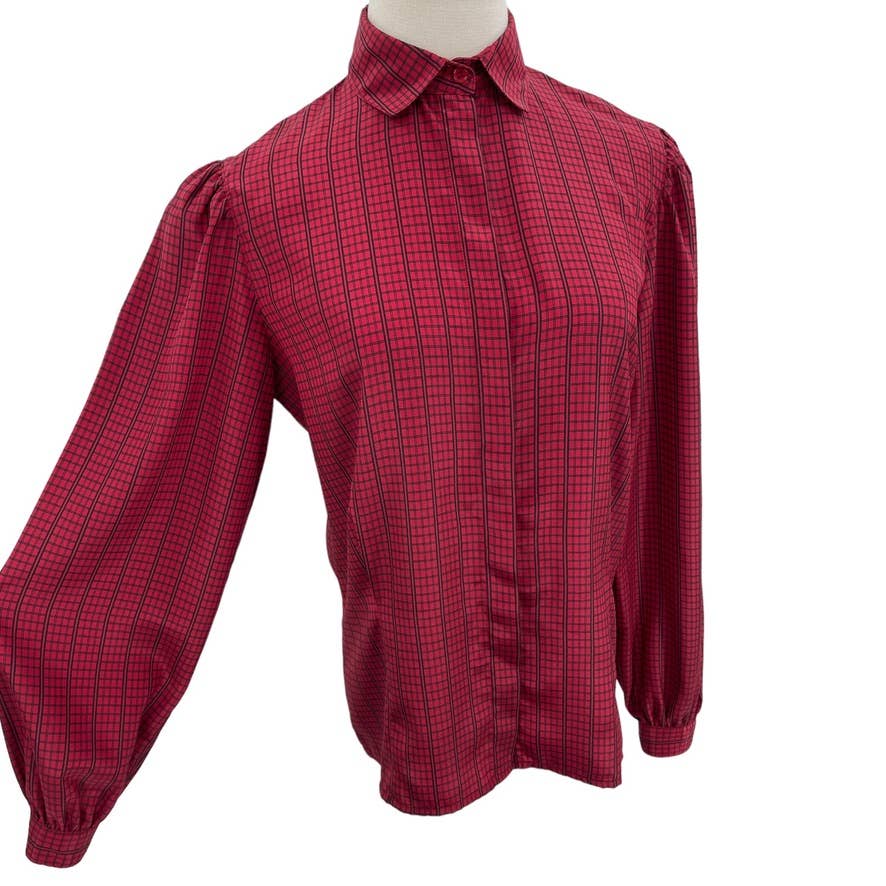Vintage 80s Red and Black Long Sleeve Blouse Button Up Jones New York Size 6