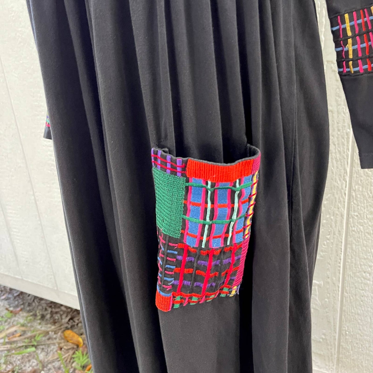 Vintage 90s Black Maxi Dress Colorful Embroidery Long Sleeves Michael Simon Sz M