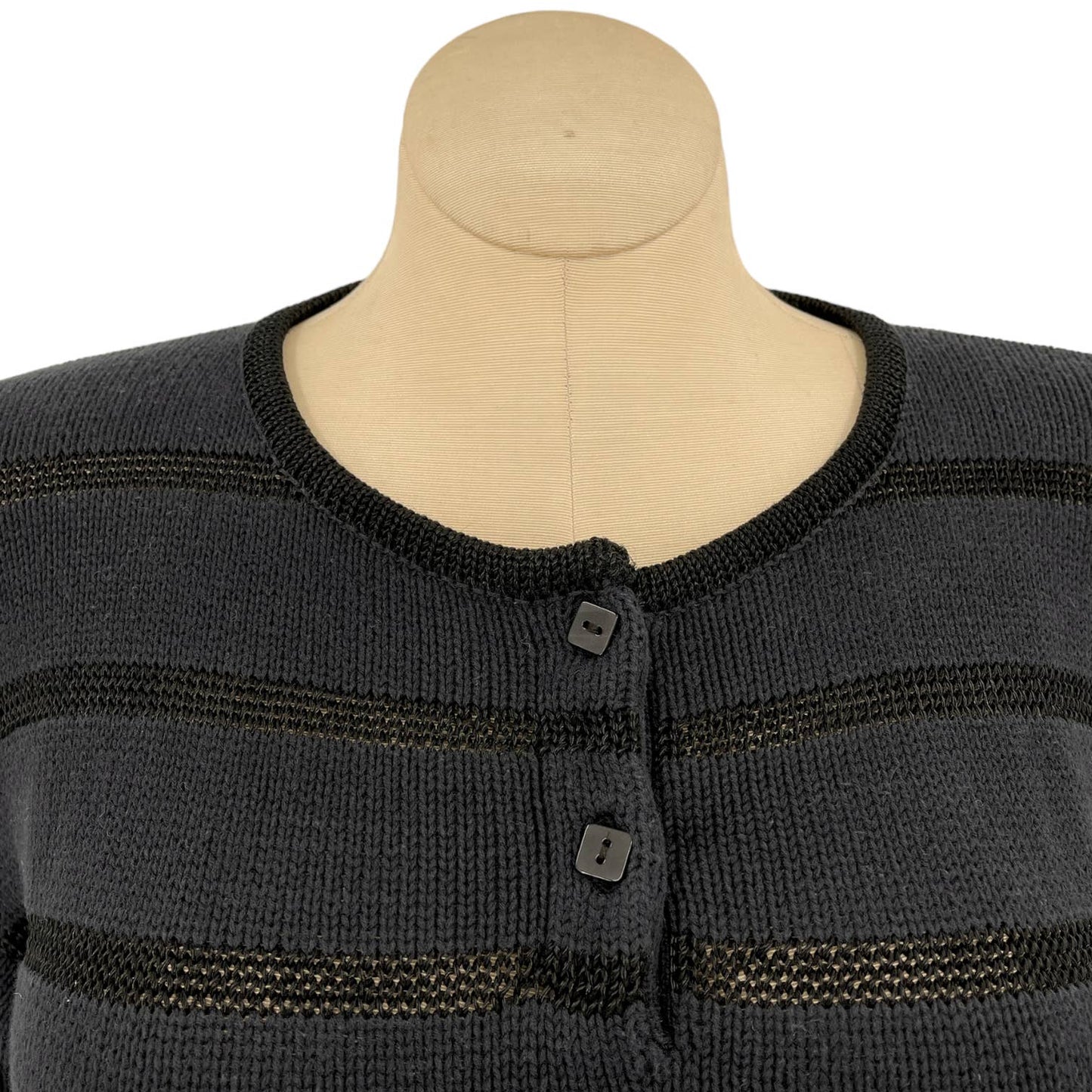 Vintage 90s Black Sweater Open Knit Stripes Henley Pullover Rosanna Size L XL