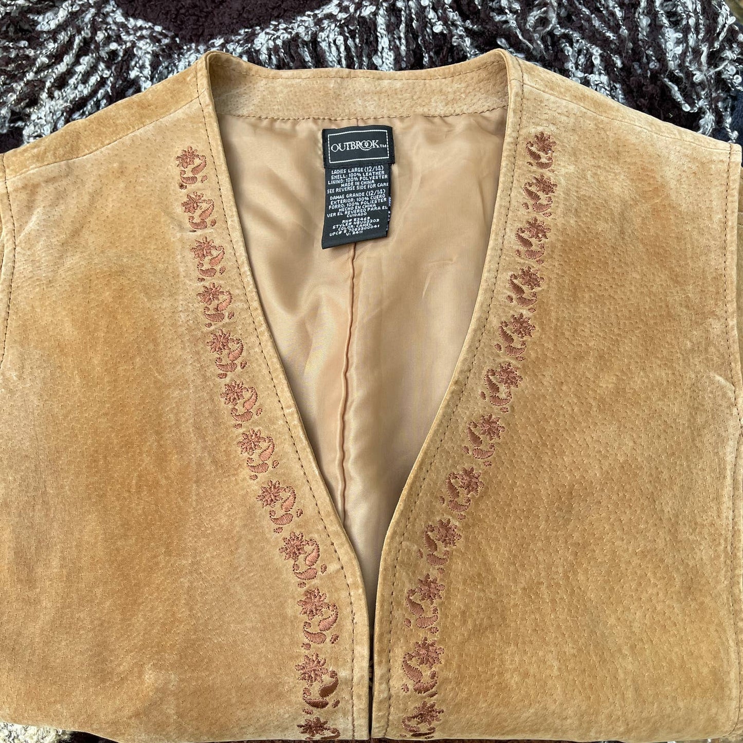 Vintage 90s Tan Suede Leather Vest Embroidered Leaves Pockets Outbrook Size L