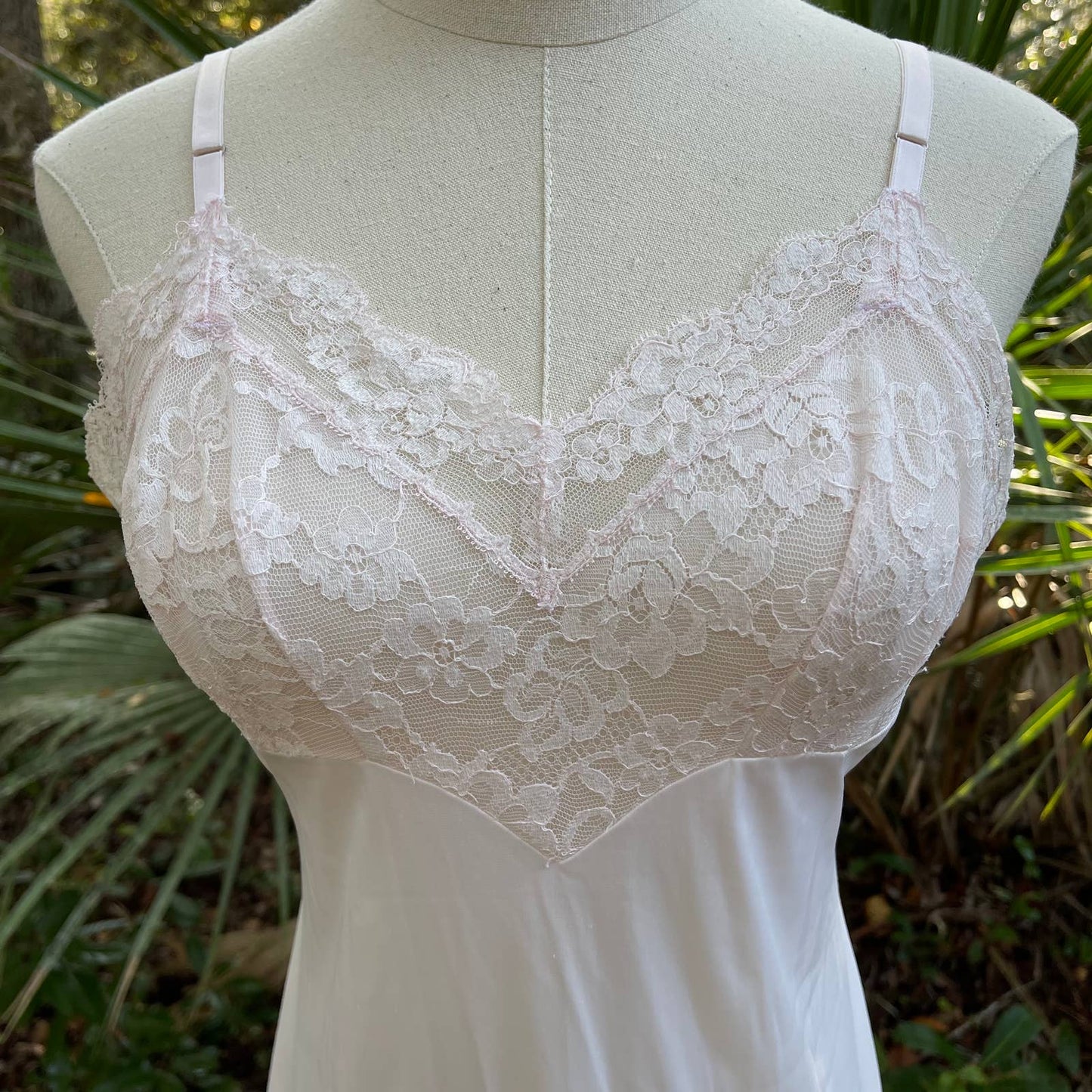 Vintage 60s White Pink Slip Nightgown with Lace Bust and Hem Lingerie Size S