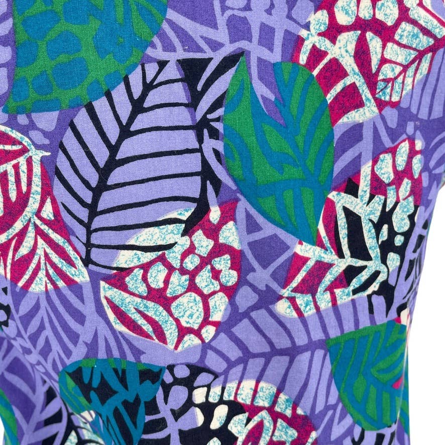 Vintage 90s Purple Leaf Print Boxy Blouse Tropical Cotton Tie Front Jaclyn Smith