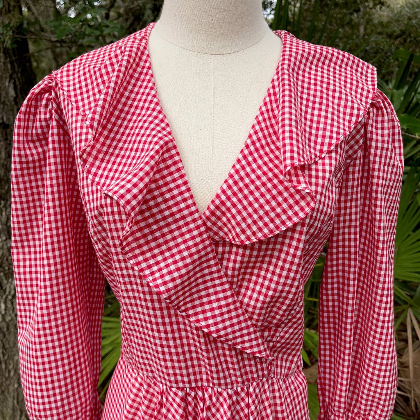70s Vintage Cotton Gingham Midi Dress Red and White Prairie USA Popi Size 11 12