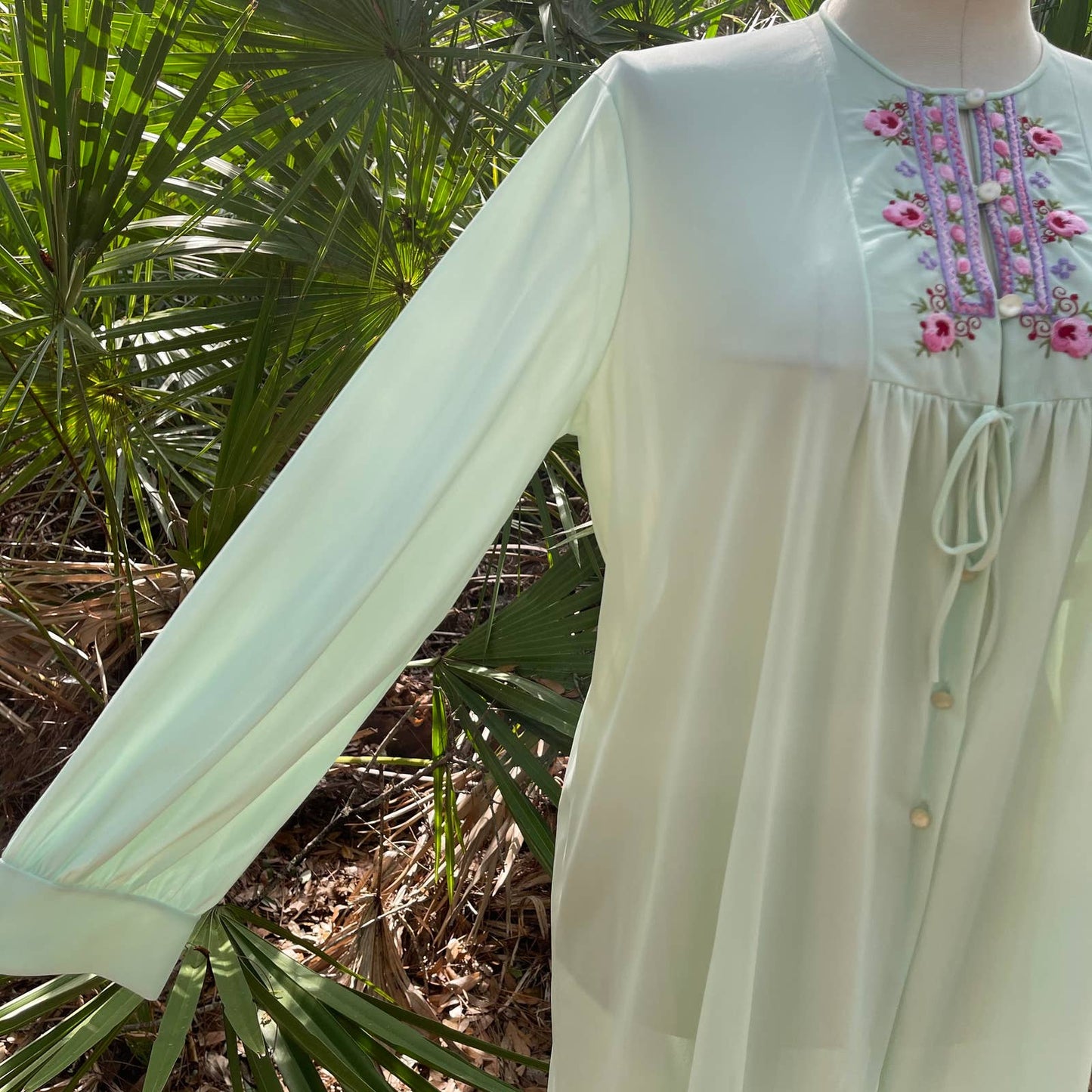 Vintage 70s Embroidered Nightgown Sea Foam Green Long Sleeves Sears Size L XL
