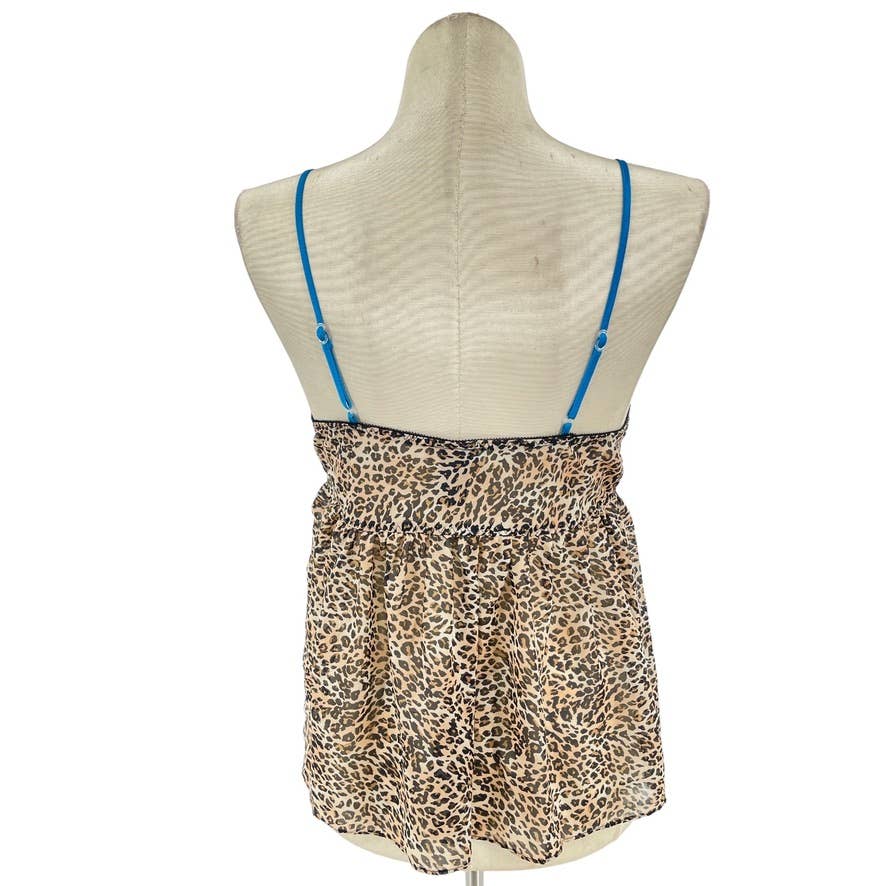 Vintage Y2K Leopard Print Cami Camisole Teal Blue Piping Cinema Etoile Size L